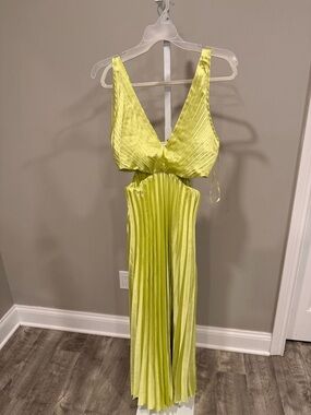 Lime Green Pleated Cutout Evening dress